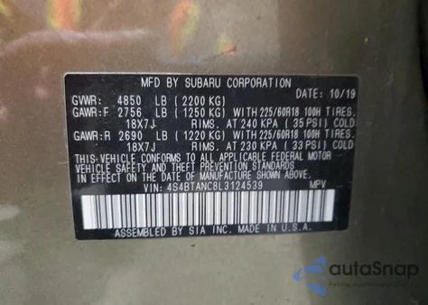2020 Subaru Outback Limited from USA, damaged, VIN 4S4BTANC8L3124539